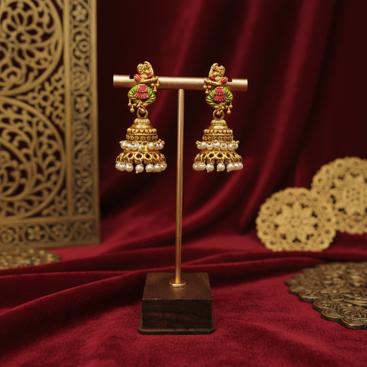 Floral Meenakari Jhumka Earrings with Pearl Drops