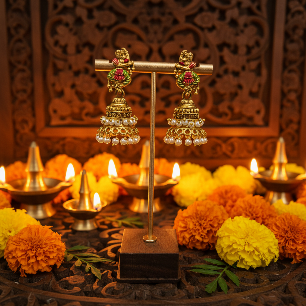 Floral Meenakari Jhumka Earrings with Pearl Drops