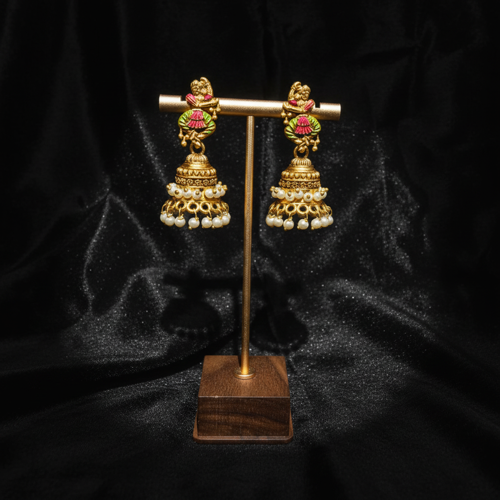 Floral Meenakari Jhumka Earrings with Pearl Drops