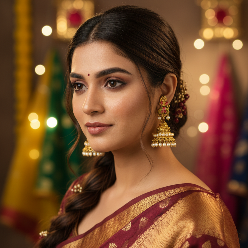 Floral Meenakari Jhumka Earrings with Pearl Drops