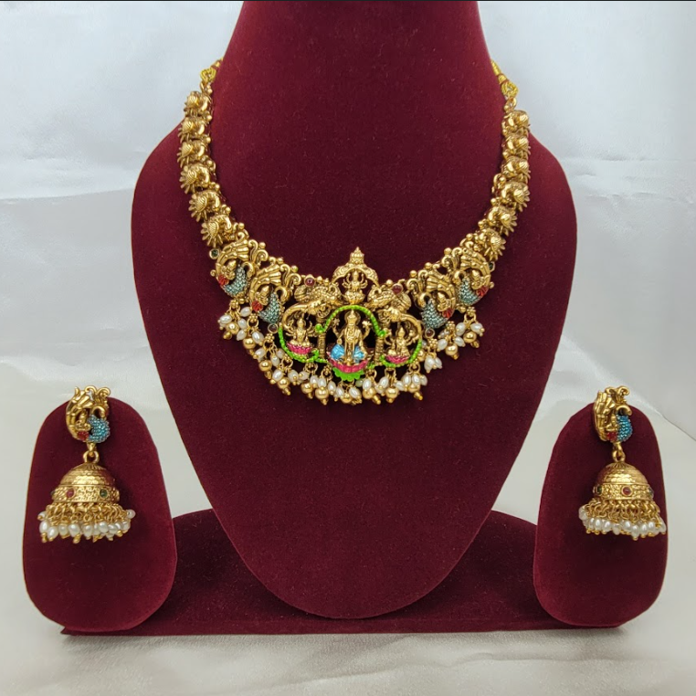 Antique Gold Lakshmi Temple Choker Necklace Set with Peacock Jhumkas