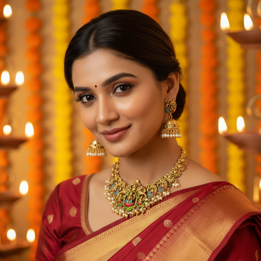 Antique Gold Lakshmi Temple Choker Necklace Set with Peacock Jhumkas