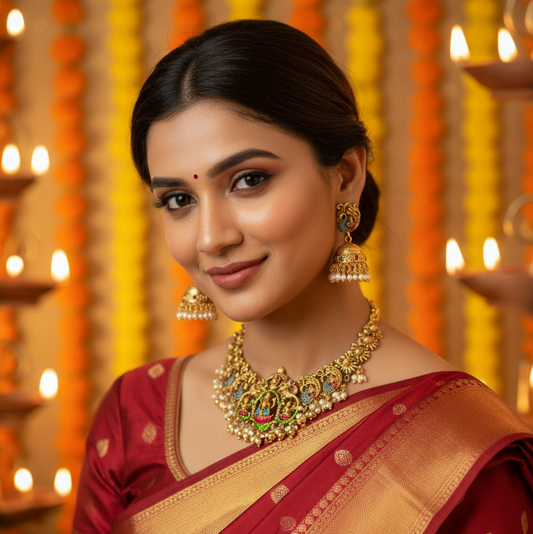 Antique Gold Lakshmi Temple Choker Necklace Set with Peacock Jhumkas