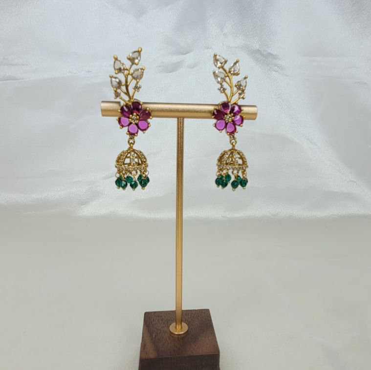 Gold-Plated Floral Vine Jhumka Earrings with Green Bead Drops