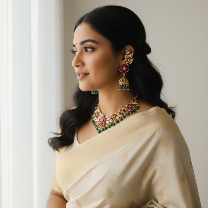 Gold-Plated Floral Vine Jhumka Earrings with Green Bead Drops