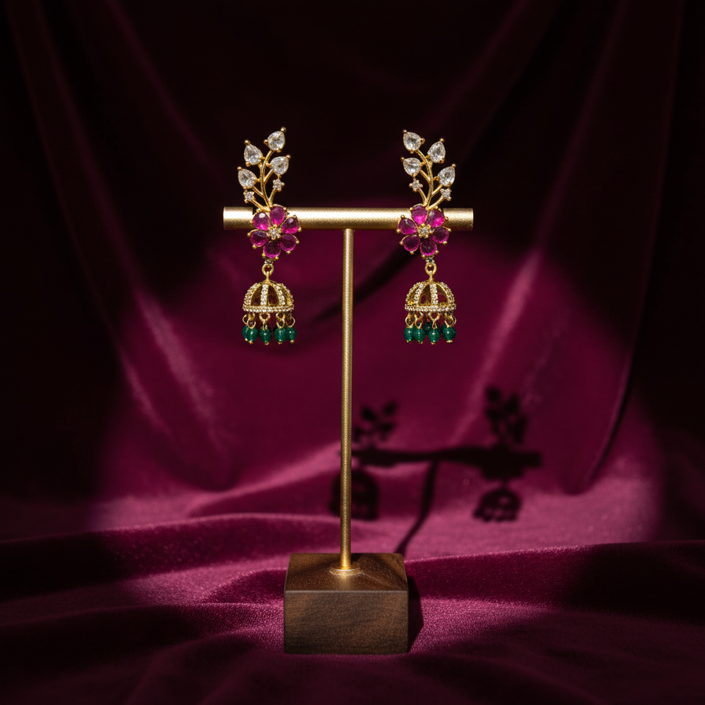 Gold-Plated Floral Vine Jhumka Earrings with Green Bead Drops