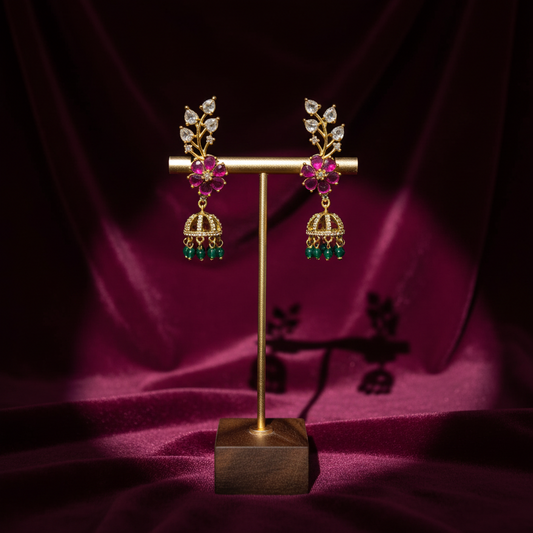 Gold-Plated Floral Vine Jhumka Earrings with Green Bead Drops