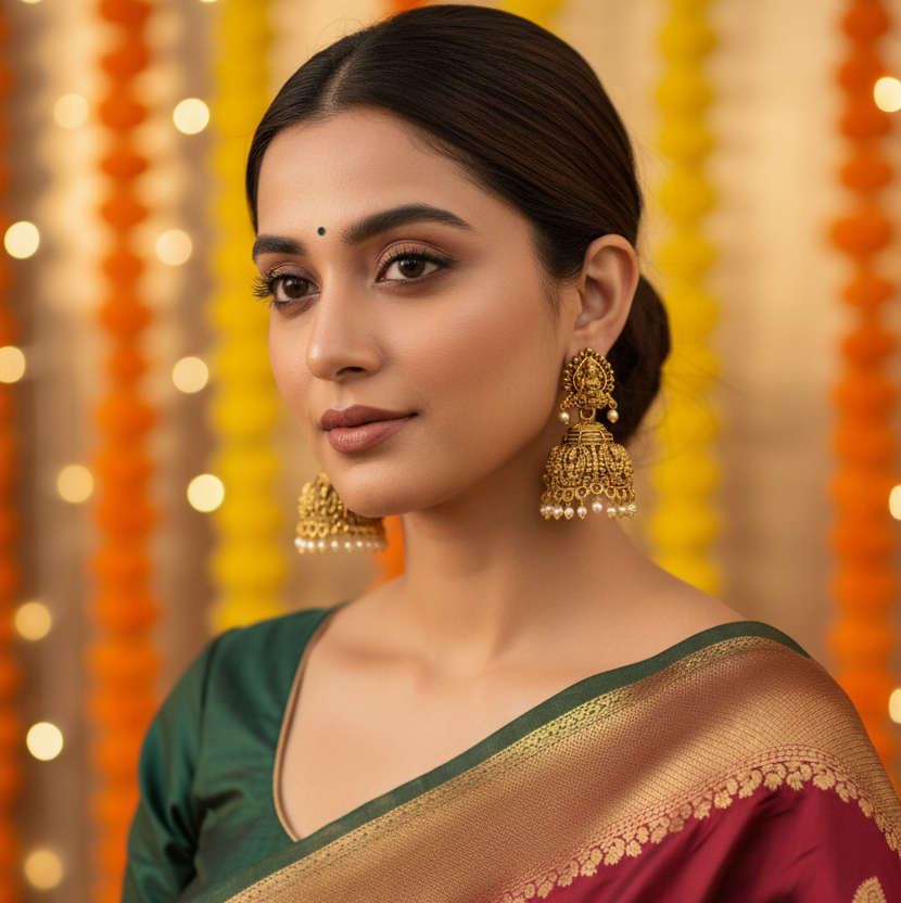 Antique Gold Lakshmi Temple Jhumka Earrings with Pearl Drops