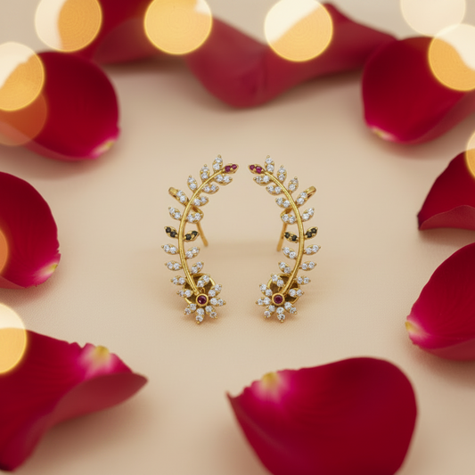 Gold-Plated CZ Floral Vine Ear Cuff Earrings