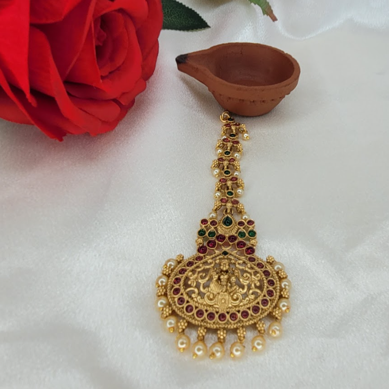 Antique Gold Lakshmi Temple Maang Tikka with Pearl Drops