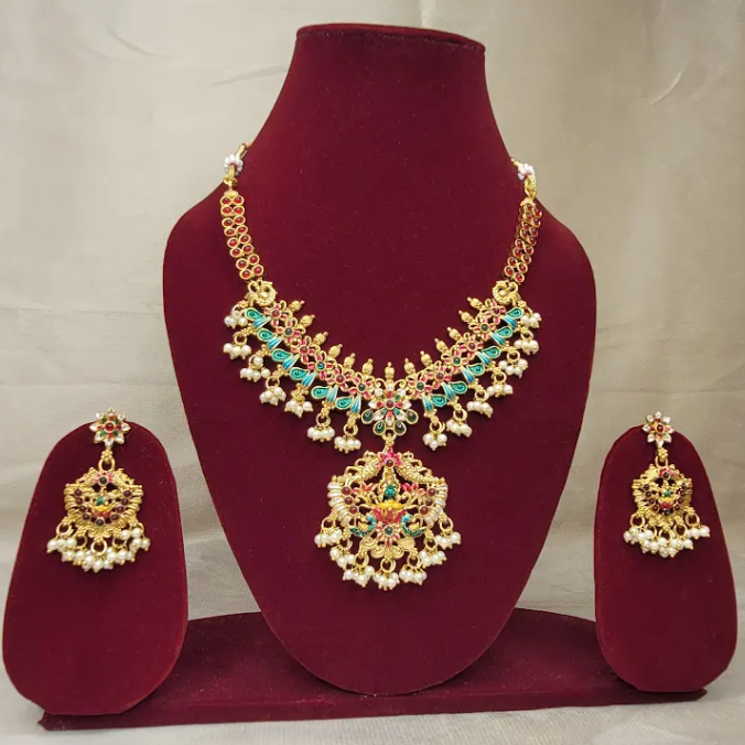 Antique Gold Multicolor Floral Statement Necklace Set with Pearl Danglers