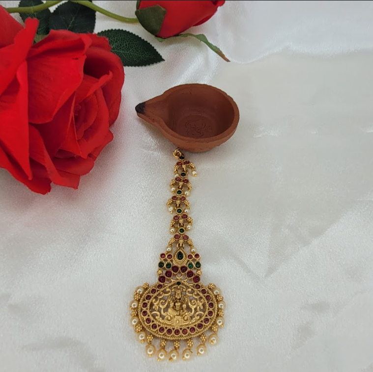 Antique Gold Lakshmi Temple Maang Tikka with Pearl Drops