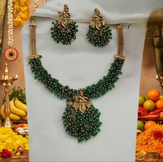 Premium Quality Golden Temple Necklace with Green Beads
