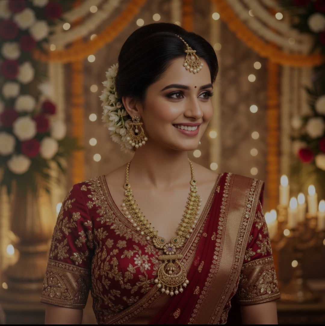 Antique Gold Necklace Set with Kundan & Pearl Drops