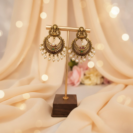 Antique Temple Chandbali Earrings with Pearl Fringe