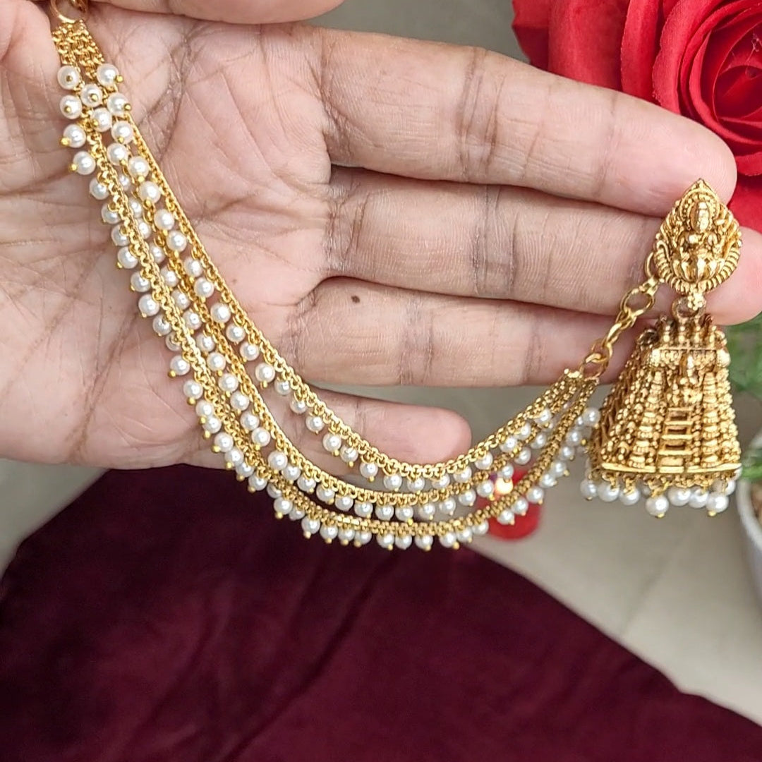 Gopuram Antique Gold Jhumka Earrings with Pearl Drops