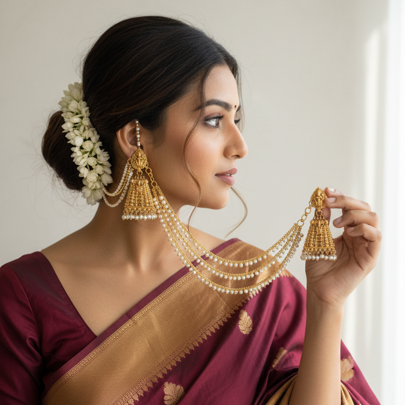 Gopuram Antique Gold Jhumka Earrings with Pearl Drops