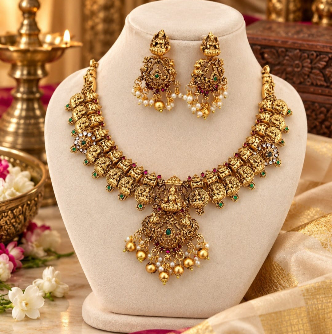 Traditional Gold-Plated Temple Necklace Set with Coin Motifs and Pearl Drops