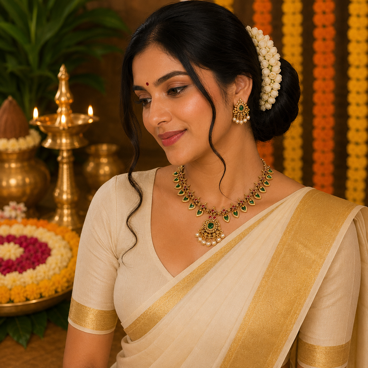 Emerald Teardrop Palakka Necklace Set