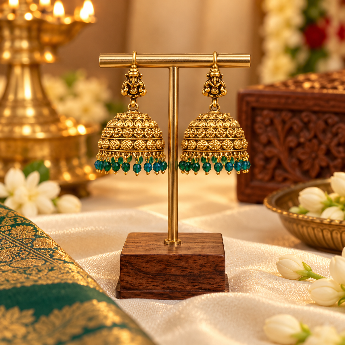 Antique Gold-Finish Ganesh Jhumka Earrings