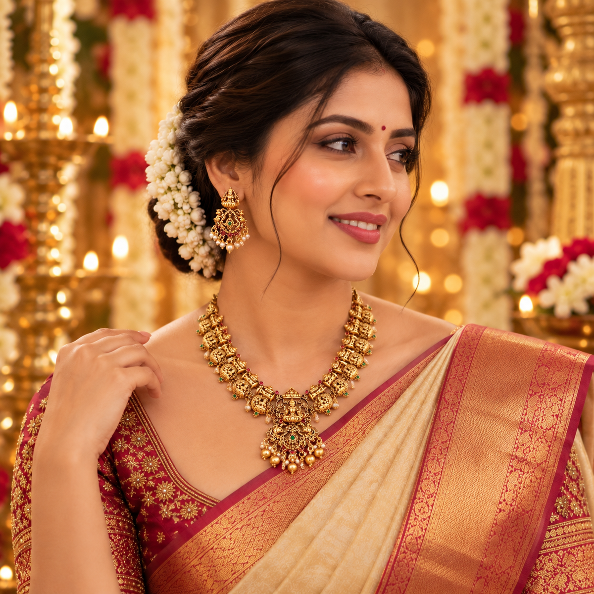 Traditional Gold-Plated Temple Necklace Set with Coin Motifs and Pearl Drops