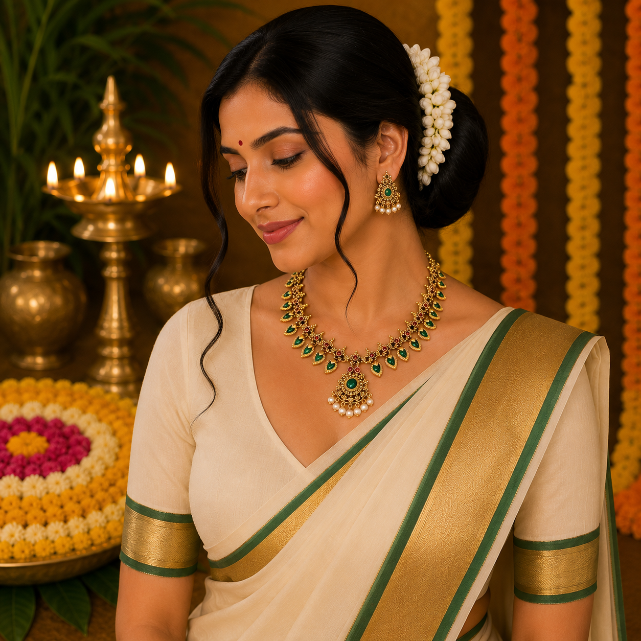 Emerald Teardrop Palakka Necklace Set