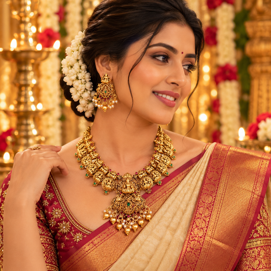 Traditional Gold-Plated Temple Necklace Set with Coin Motifs and Pearl Drops