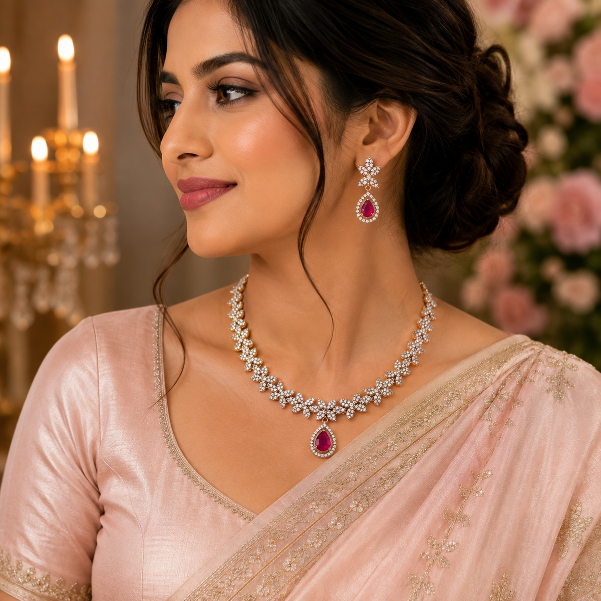 Elegant Ruby Pink AD Necklace