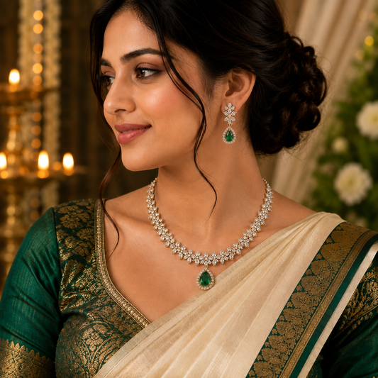 Elegant Emerald Green AD Necklace