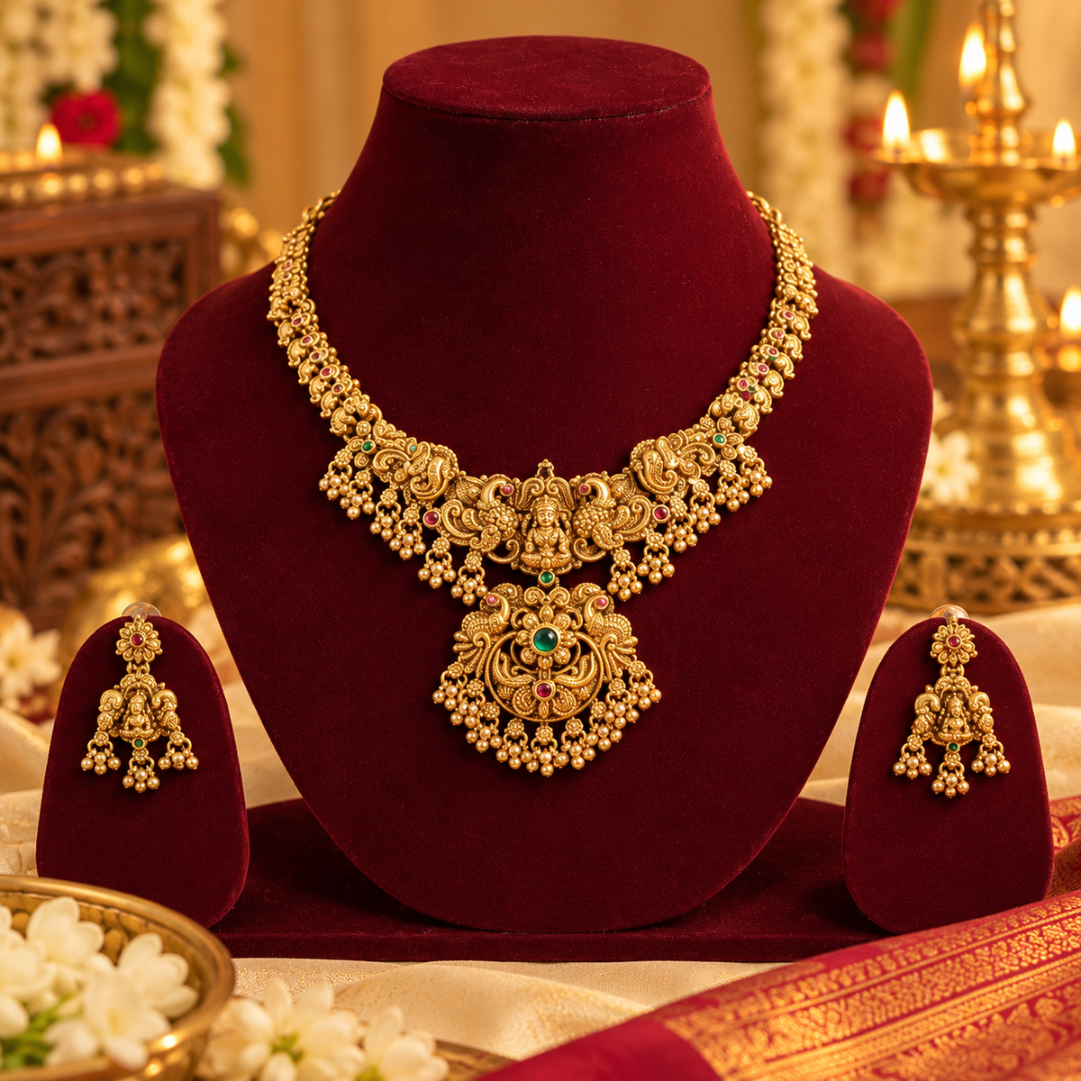 Traditional Gold-Plated Temple Necklace Set with Intricate Lakshmi Pendant