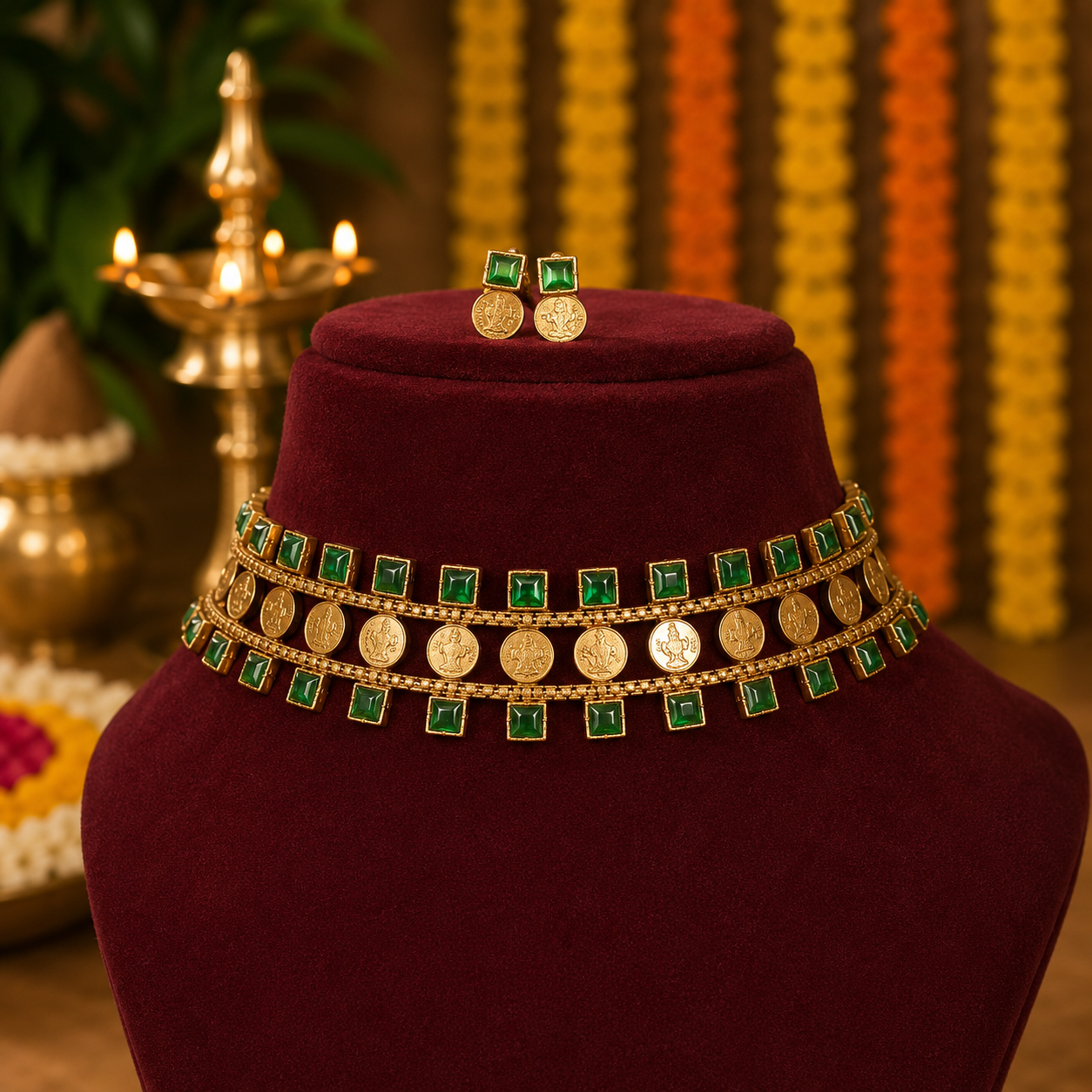 Emerald Coin Layered Choker Necklace Set