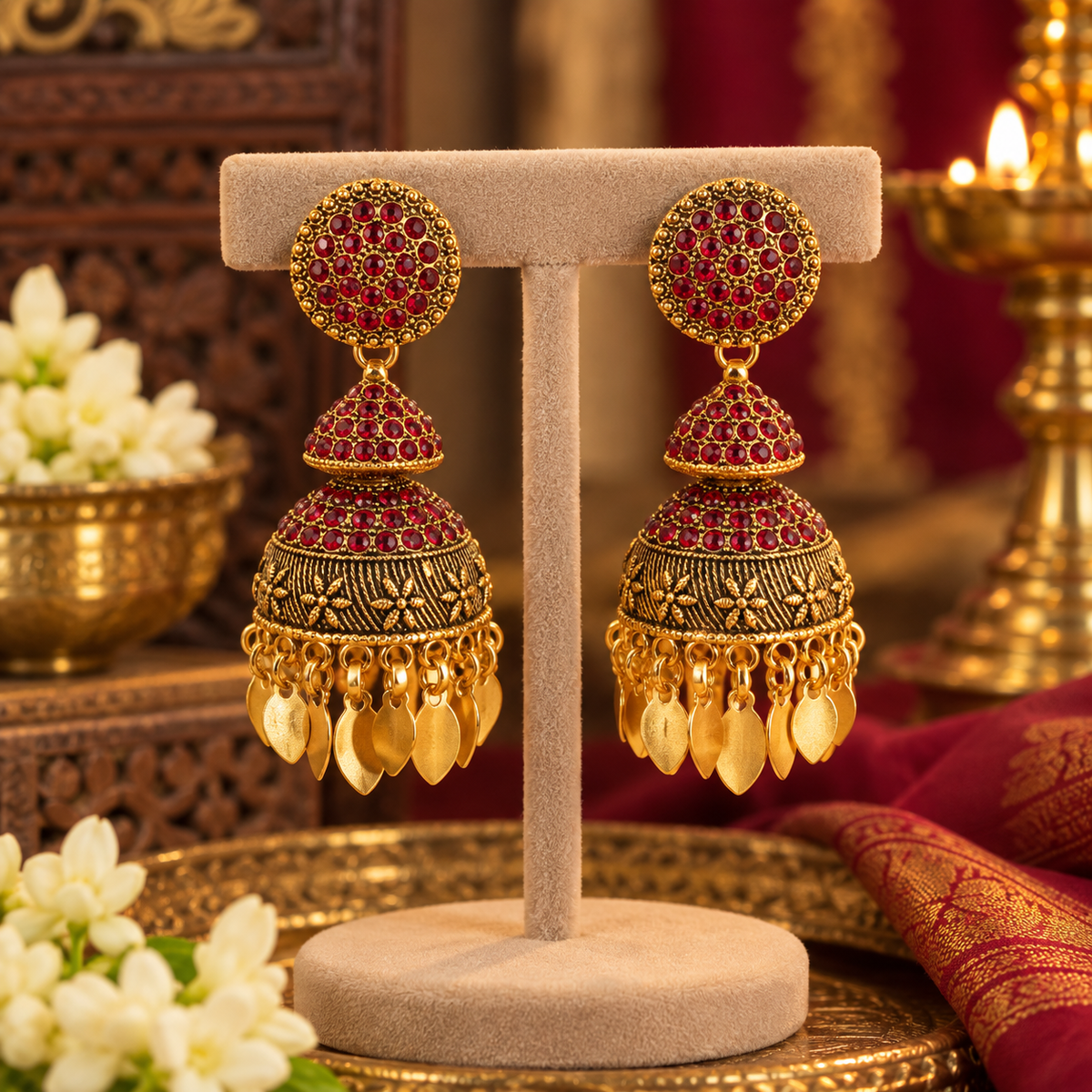Antique Ruby 2-layer Elakkathali Jhumka