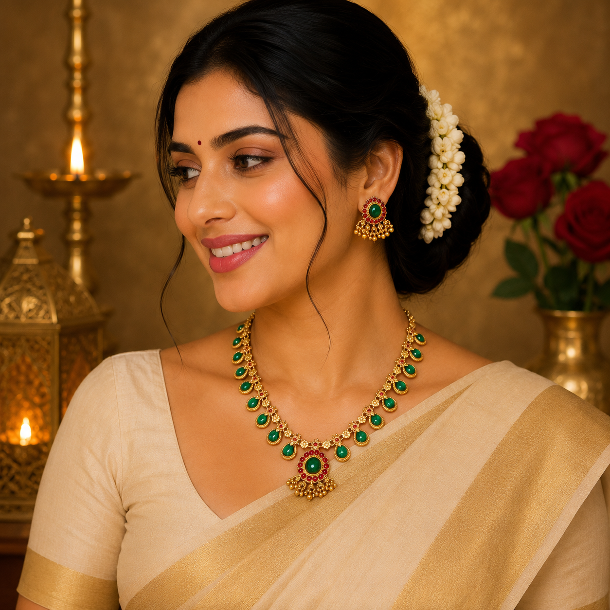 Elegant Antique -Gold Green Palakka Necklace Set