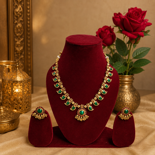 Elegant Green Leaf Stone Antique-Gold Palakka Necklace Set