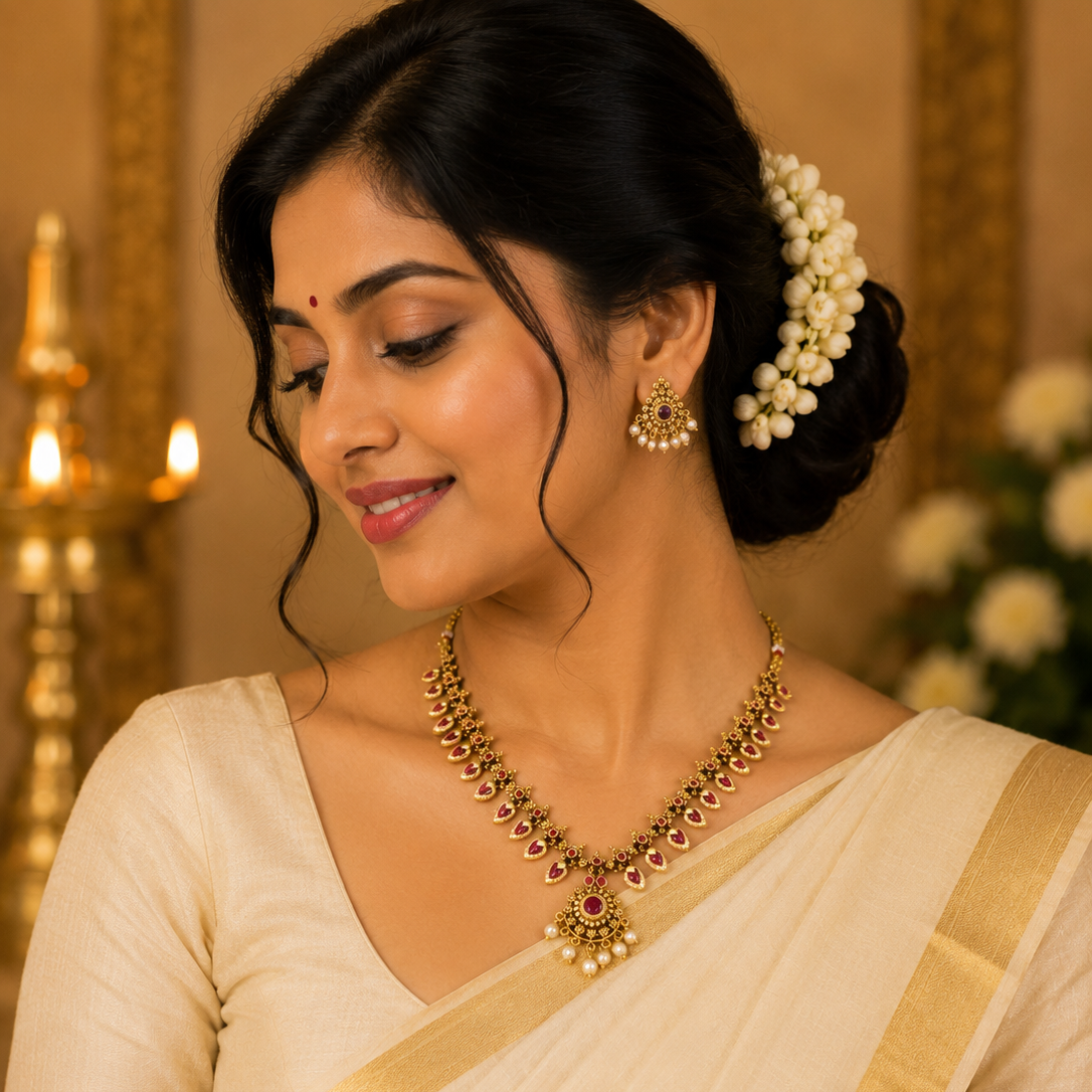 Ruby Teardrop Palakka Necklace Set