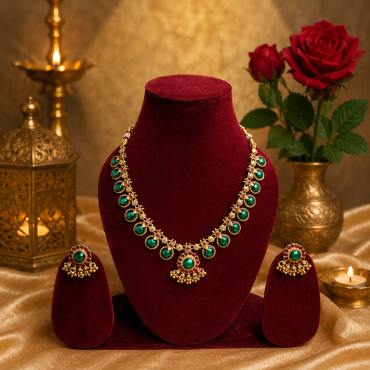 Elegant Antique -Gold Green Palakka Necklace Set