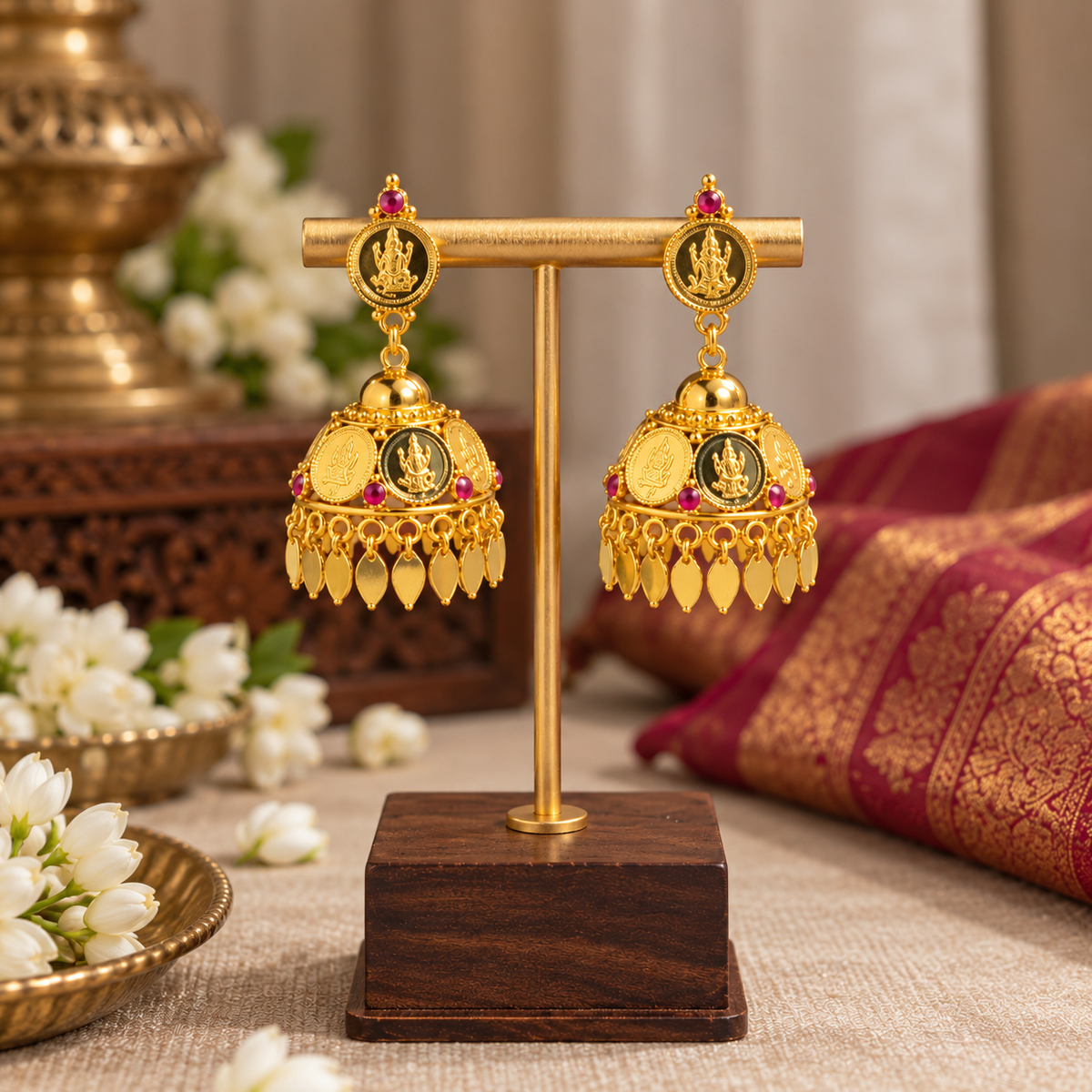Traditional Gold-Plated Lakshmi Coin Jhumka Earrings