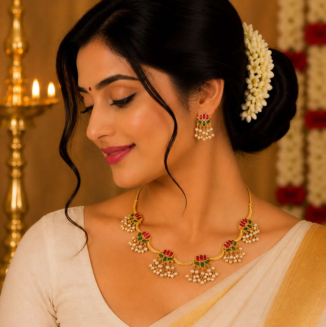 Lotus Pearl Drop Necklace Set