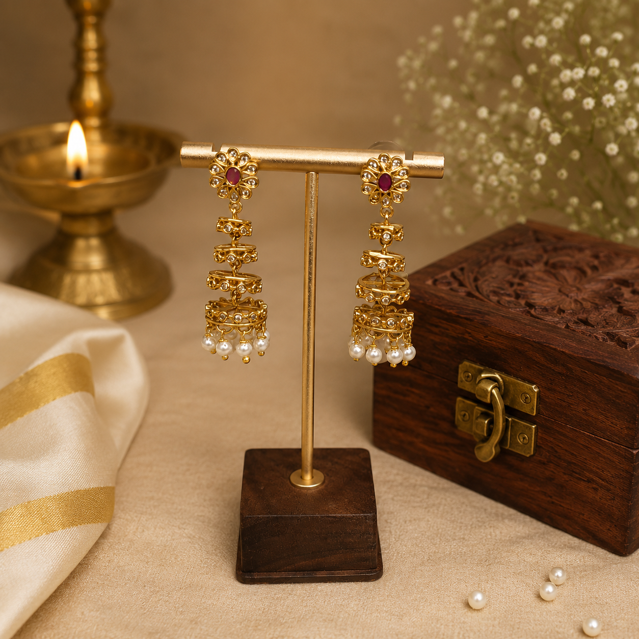 Ruby Pearl Layered Jhumka Earrings