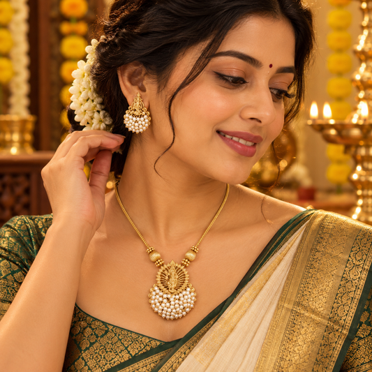 Traditional Gold-Tone Pearl Pendant Necklace Set